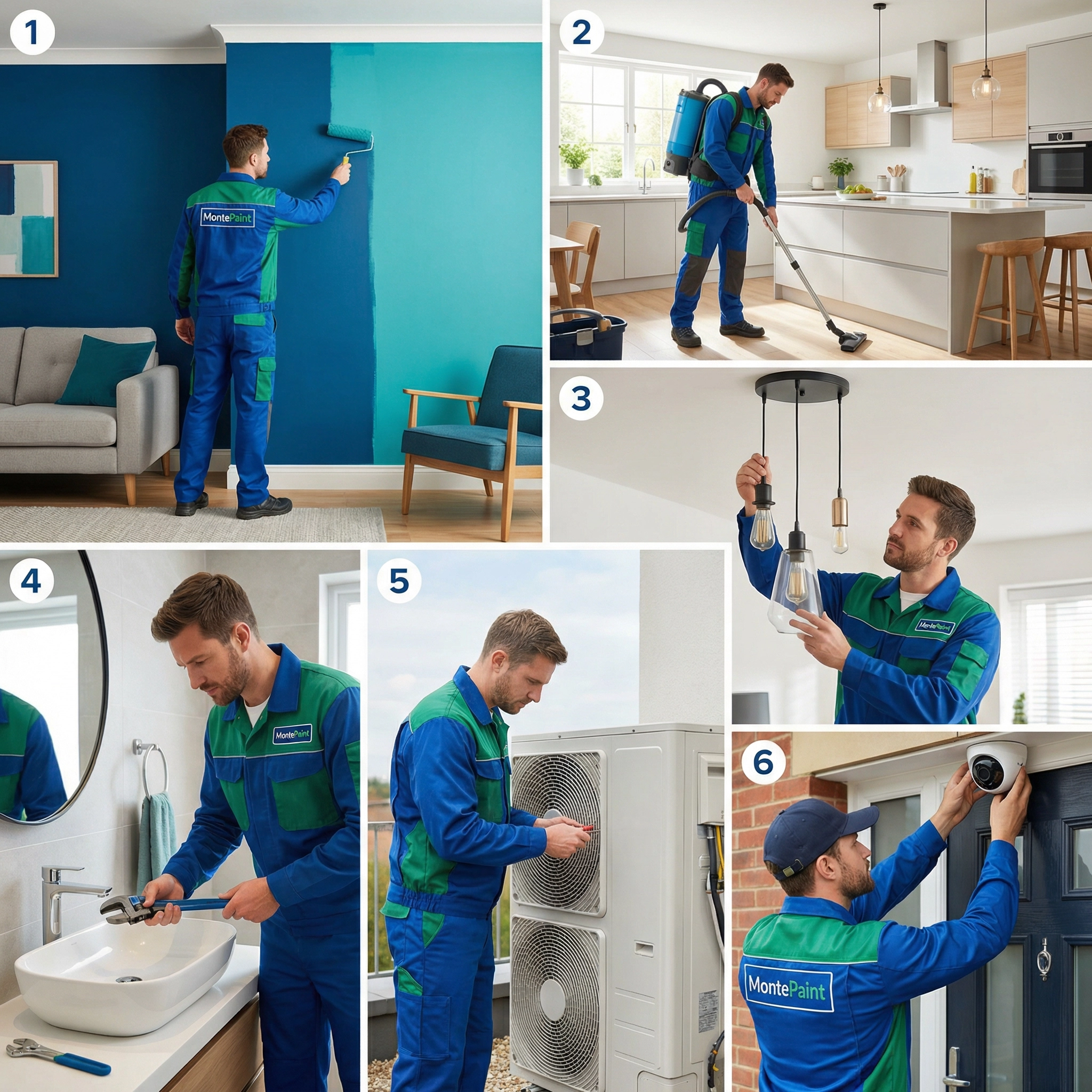 MontePaint team performing painting, cleaning, electrical, plumbing, HVAC and security camera services